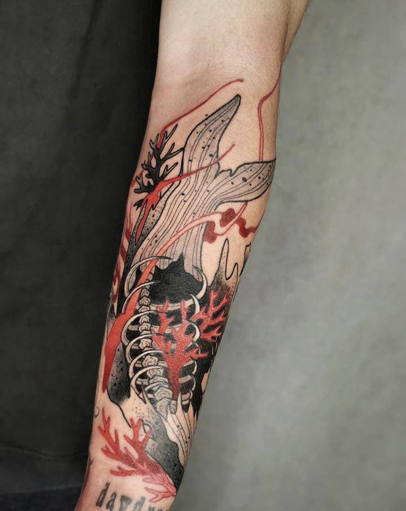 美丽与消亡纹身图片_手臂手部新传统鲸鱼纹身图案