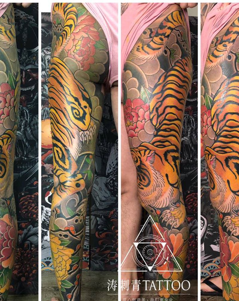 花腿纹身图片_腿部老传统纹身图案