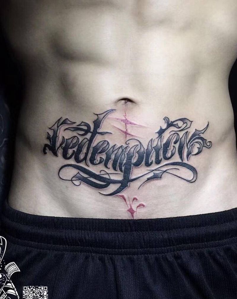 花体字纹身图片_腹部花体字图腾纹身图案