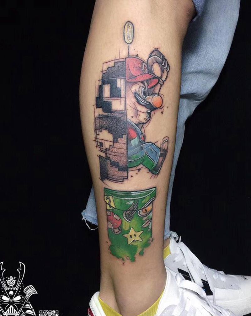 超级玛丽纹身图片_腿部脚部Old SchoolNew School纹身图案