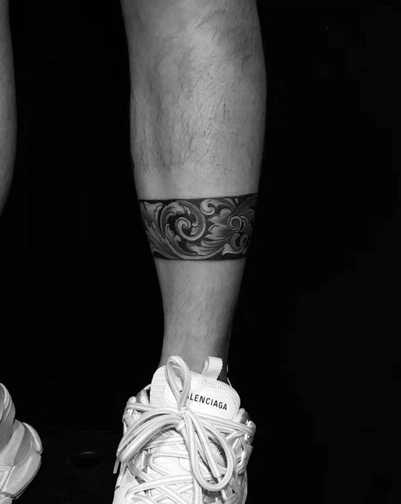 腿环纹身图片_腿部脚部几何图腾纹身图案