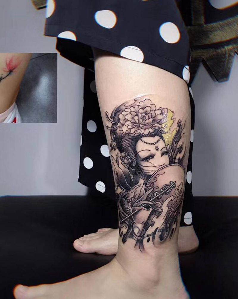 艺妓纹身图片_腿部脚部老传统纹身图案