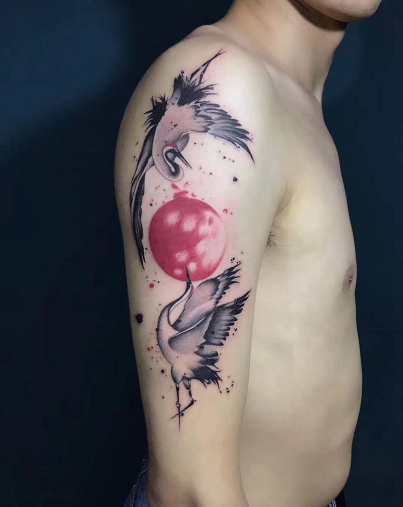 仙鹤纹身图片_手臂水彩水墨纹身图案