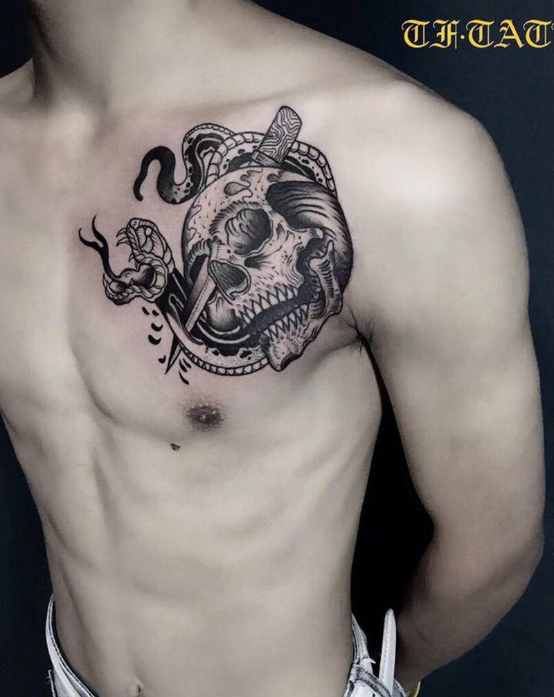 骷髅 胎记遮盖纹身图片_肩部胸部Old School点刺纹身图案