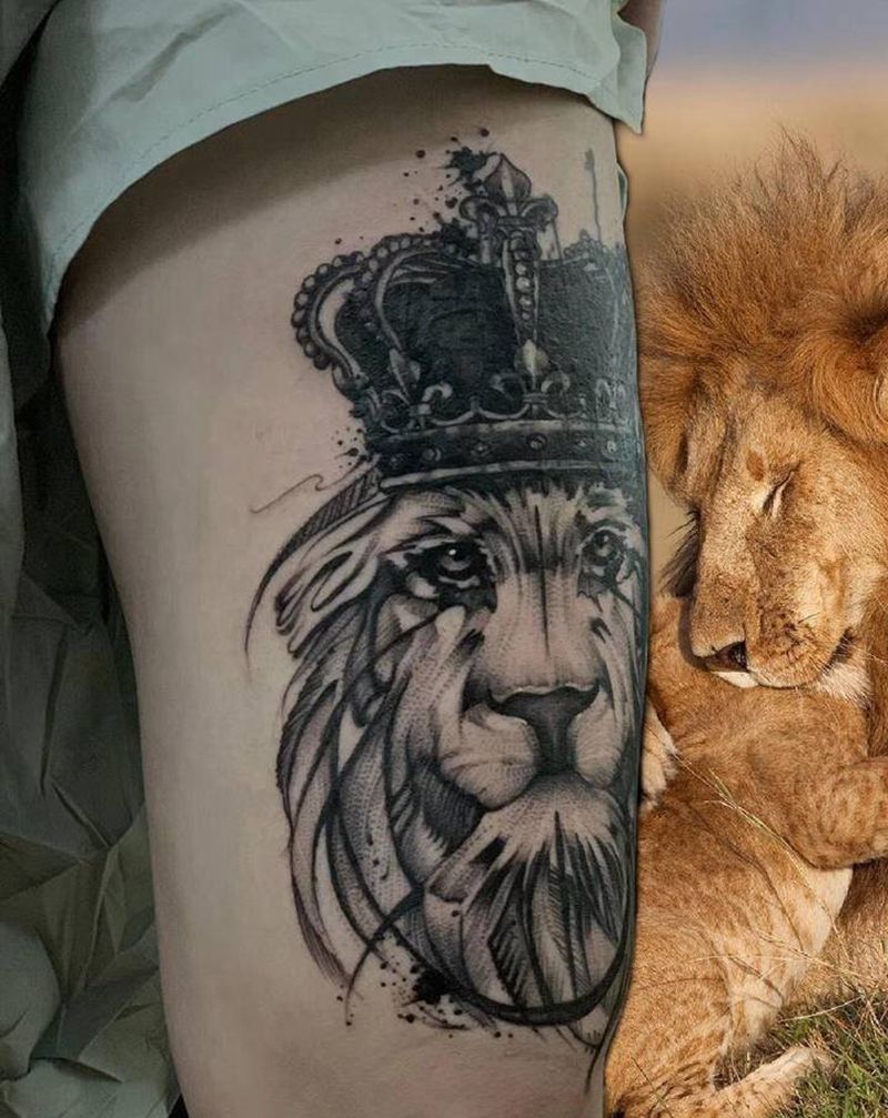 狮子纹身图片_腿部点刺欧美写实纹身图案