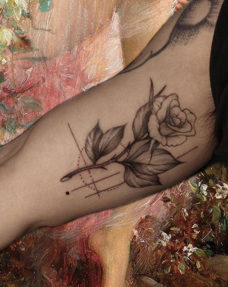 单针几何玫瑰纹身图片_手臂几何点刺玫瑰纹身图案