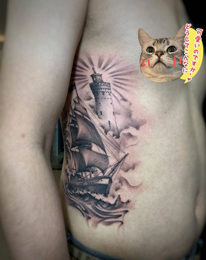帆船纹身图片_腰部欧美写实纹身图案