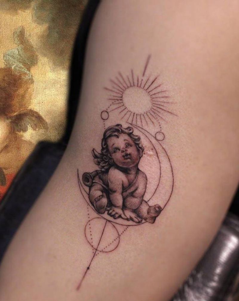 仰望天使纹身图片_手臂欧美写实纹身图案