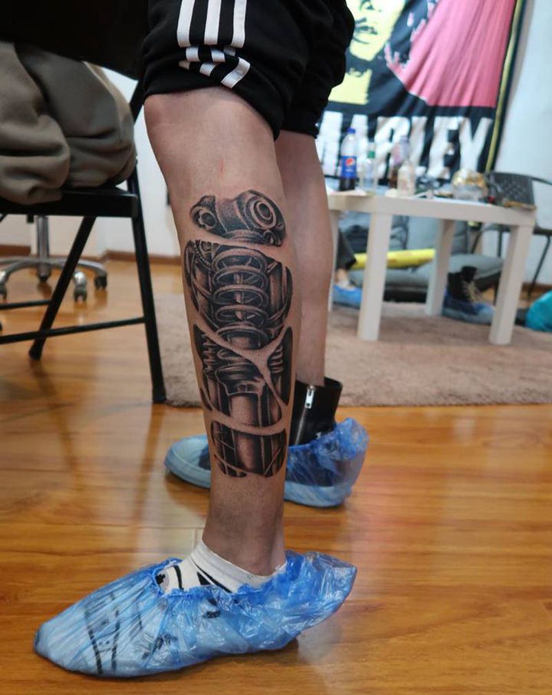 机械腿纹身图片_腿部欧美写实纹身图案