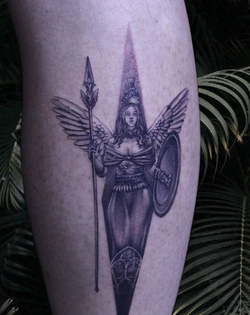 雅典娜纹身图片_腿部欧美写实纹身图案