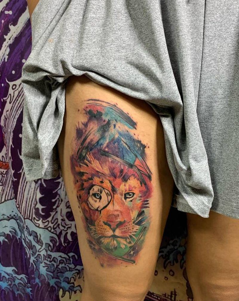 泼墨狮子纹身图片_腿部水彩水墨狮子纹身图案