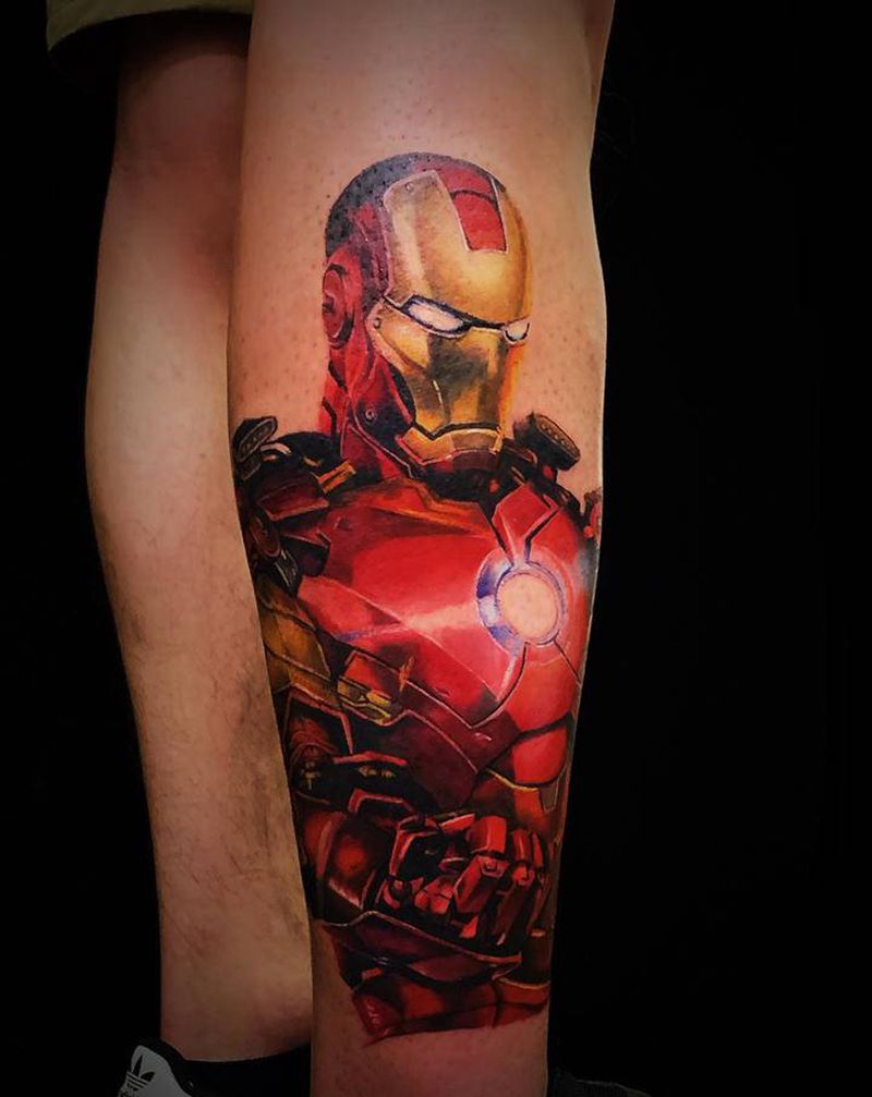 钢铁侠纹身图片_腿部欧美写实钢铁侠彩色写实复仇者联盟纹身图案