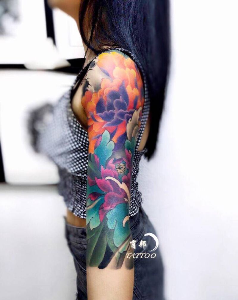 七分袖花臂纹身图片_手臂新传统纹身图案