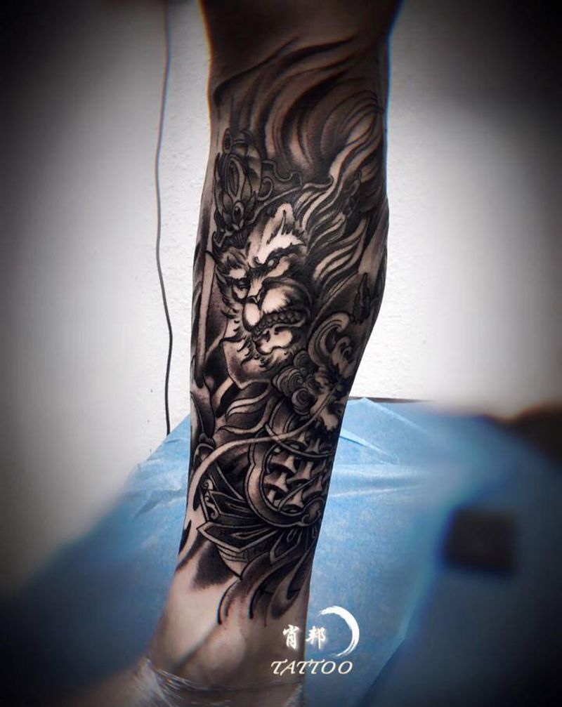 齐天大圣孙悟空纹身图片_腿部老传统齐天大圣孙悟空小腿纹身图案