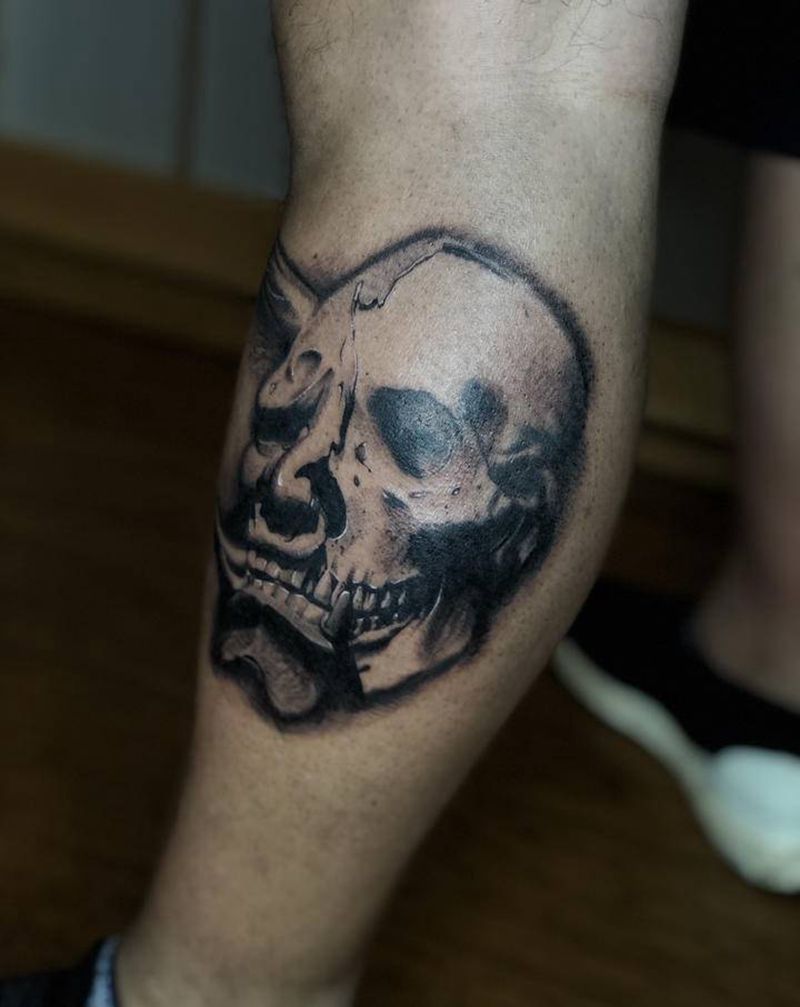 般若面具&skull纹身图片_腿部欧美写实般若骷髅纹身图案