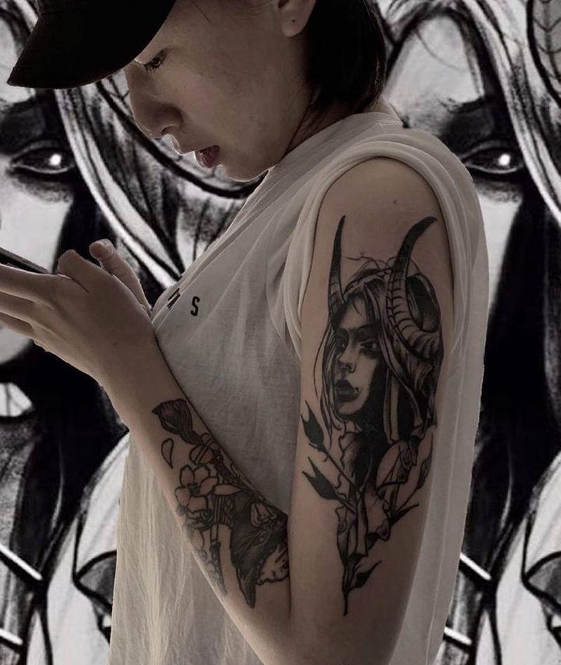 暗黑纹身图片_手臂欧美写实暗黑女人纹身图案
