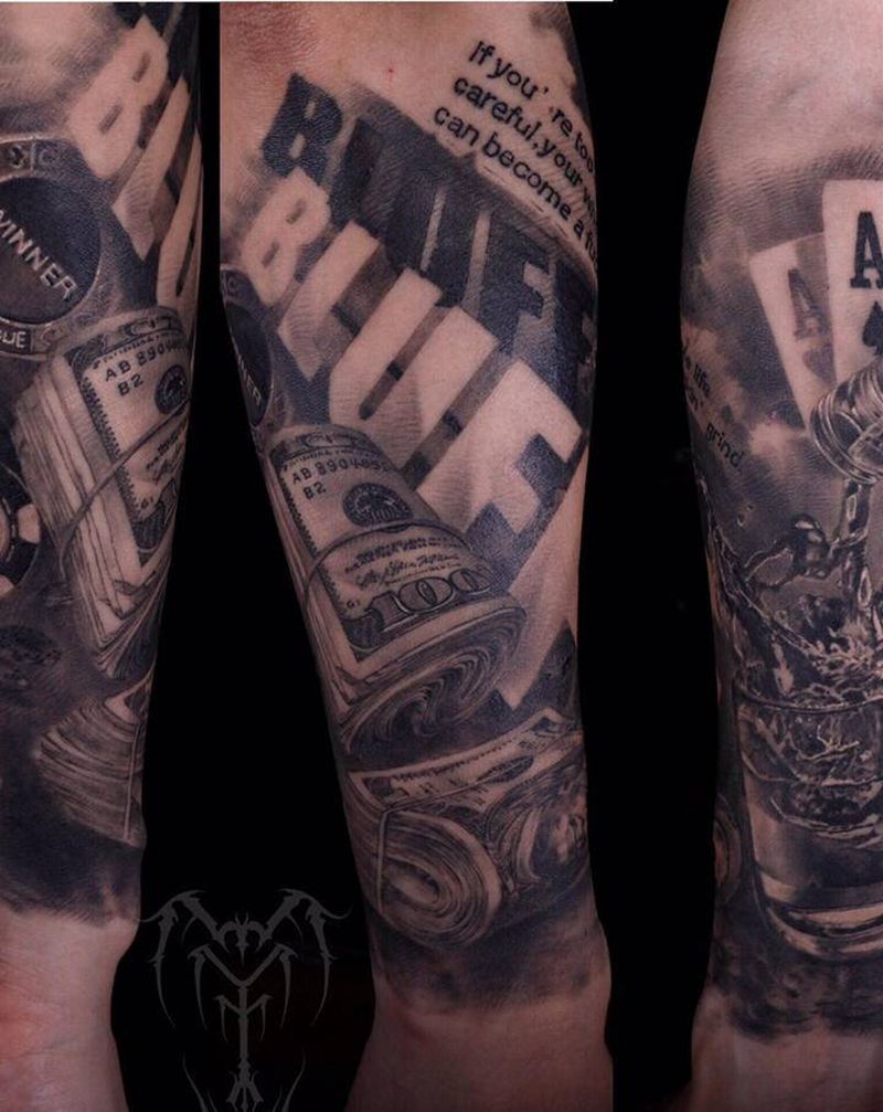 美钞酒杯扑克筹码西海岸碰纹身图片_手臂欧美写实纹身图案