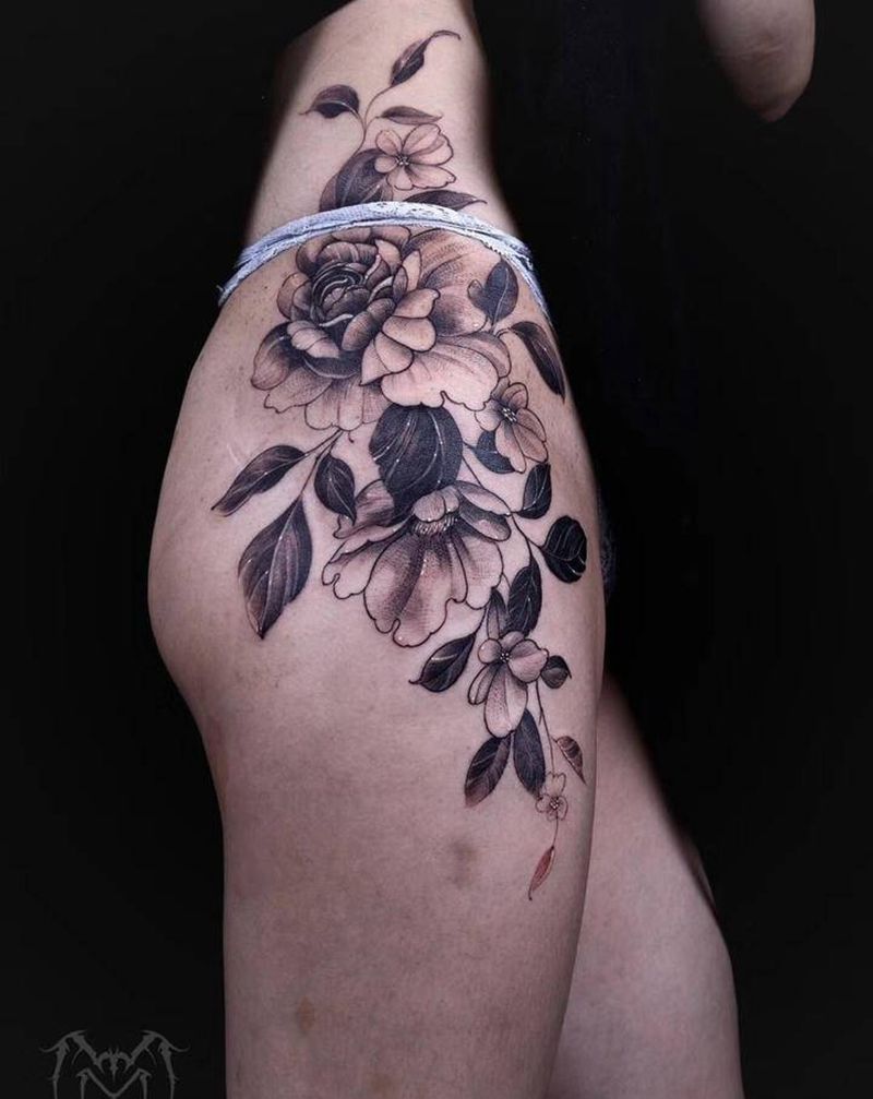 疤痕遮盖花纹身图片_臀部腿部点刺甩点纹身图案