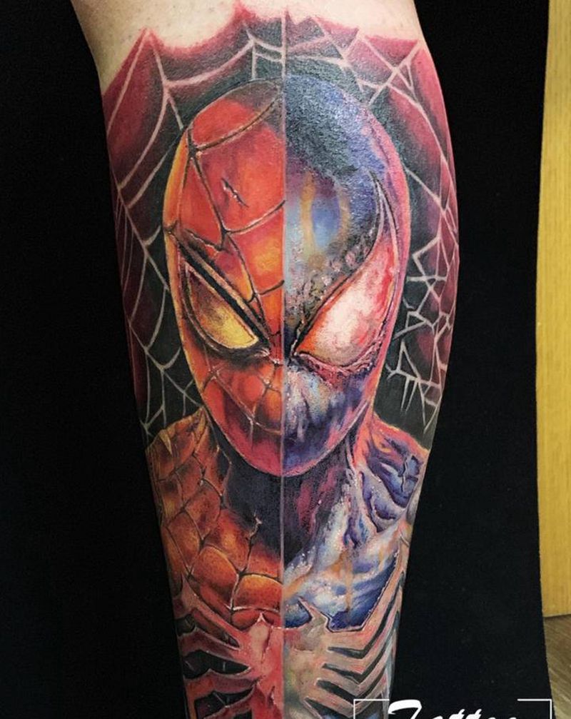蜘蛛侠鸭～纹身图片_腿部欧美写实蜘蛛侠漫威彩色写实纹身图案