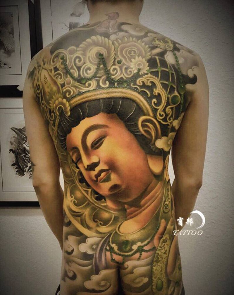 佛 彩色完成纹身图片_背部新传统佛纹身图案