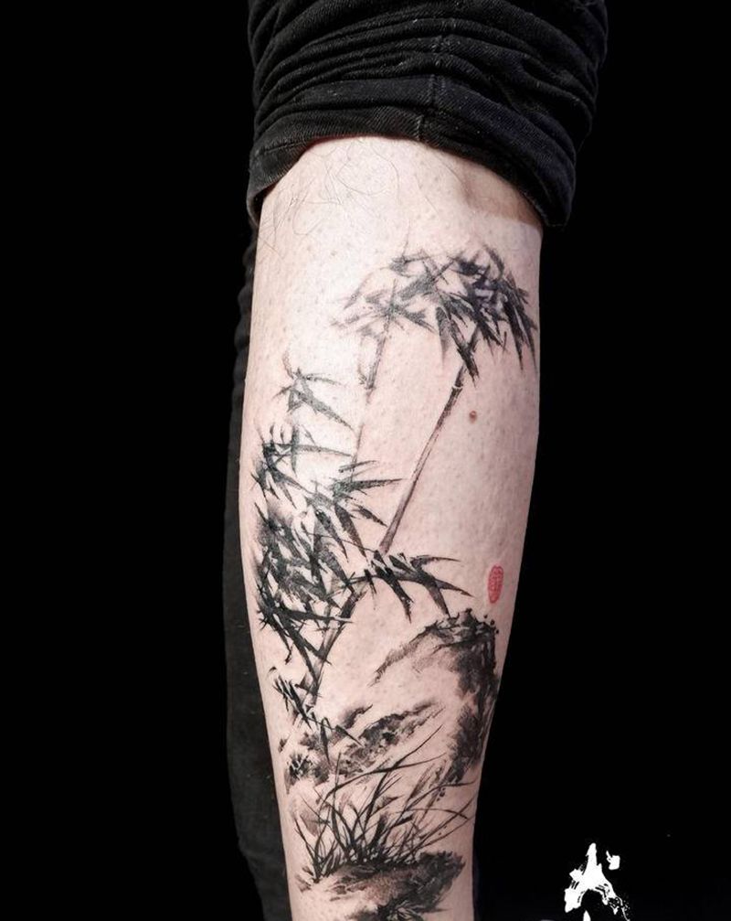 瘦竹纹身图片_手臂腿部老传统水墨水墨中国风竹纹身图案
