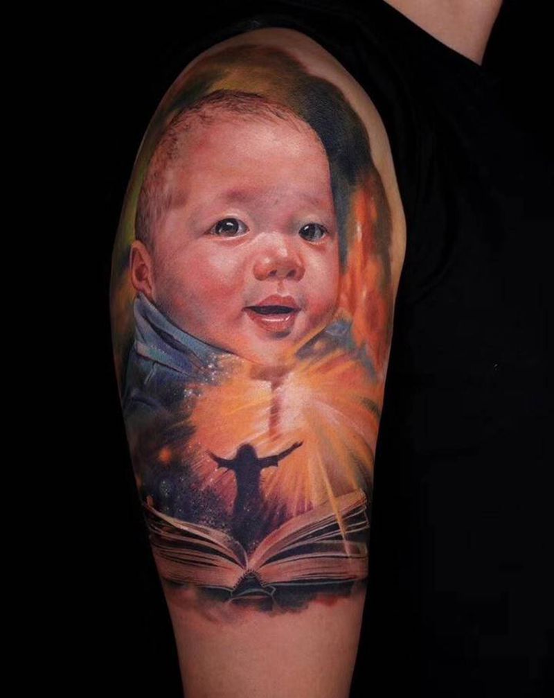 父亲的爱纹身图片_手臂肩部欧美写实纹身图案