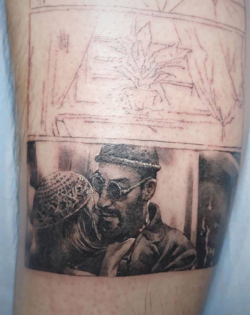 这个杀手不太冷纹身图片_腿部欧美写实点刺电影小图写实纹身图案