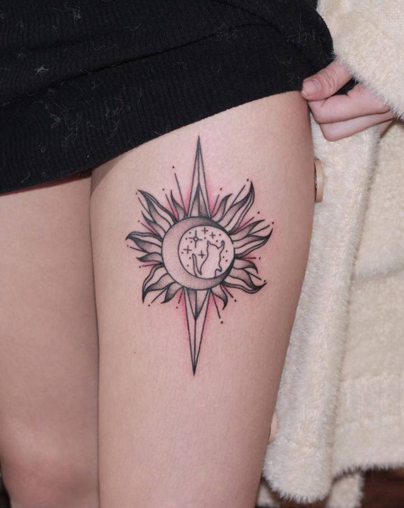 日月星辰纹身图片_腿部纹身图案