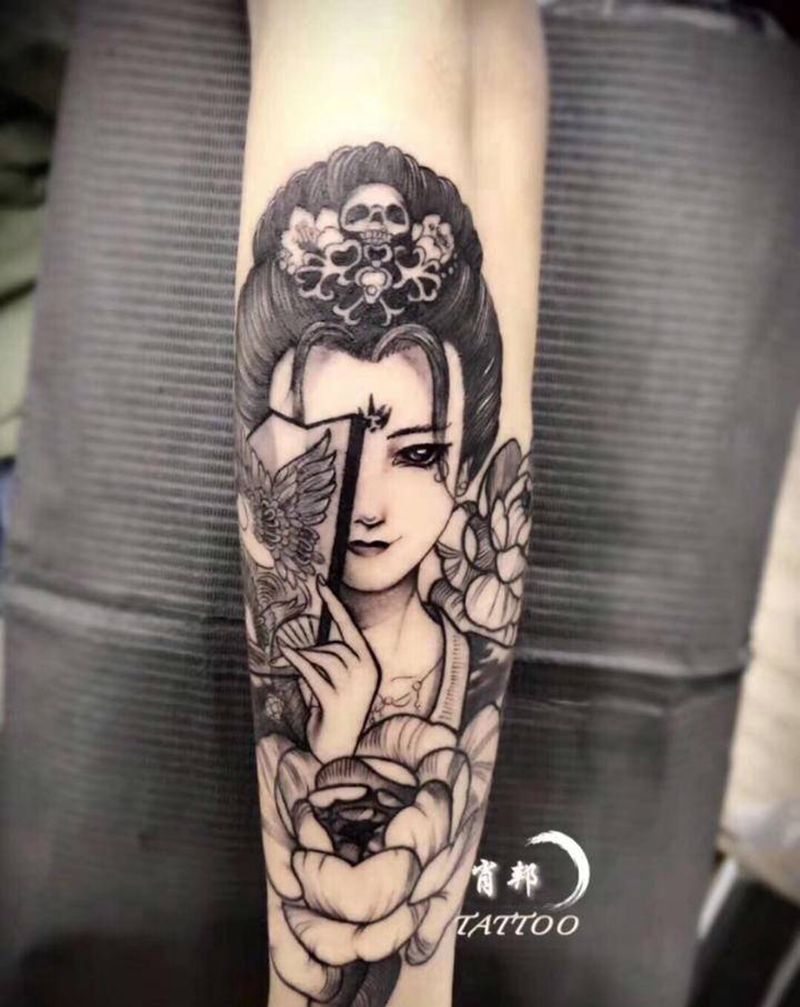 艺妓纹身图片_手臂老传统纹身图案