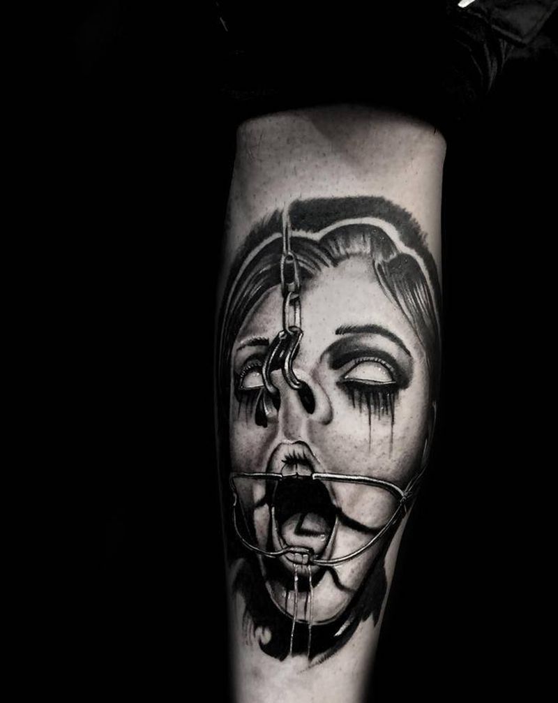 暗黑写实人脸纹身图片_腿部欧美写实人脸纹身图案