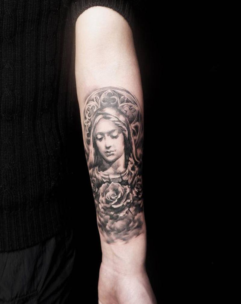 玛丽亚纹身图片_手臂欧美写实圣母宗教哈利路亚纹身图案