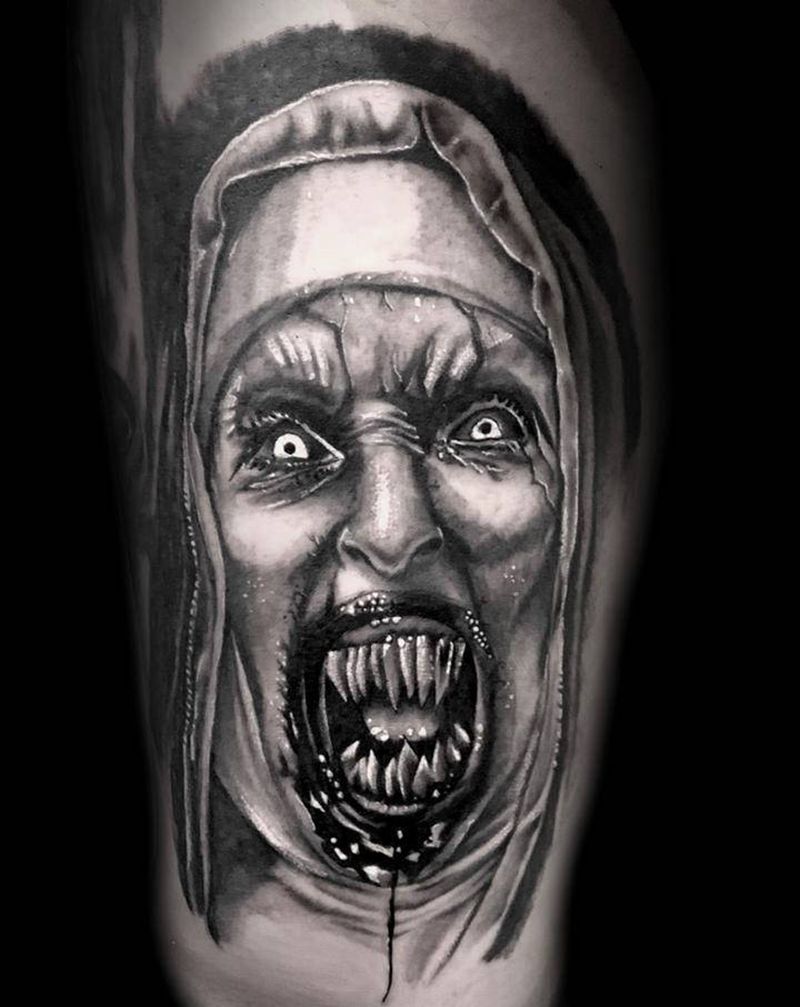 鬼修女纹身图片_腿部手臂欧美写实鬼修女招魂2纹身图案