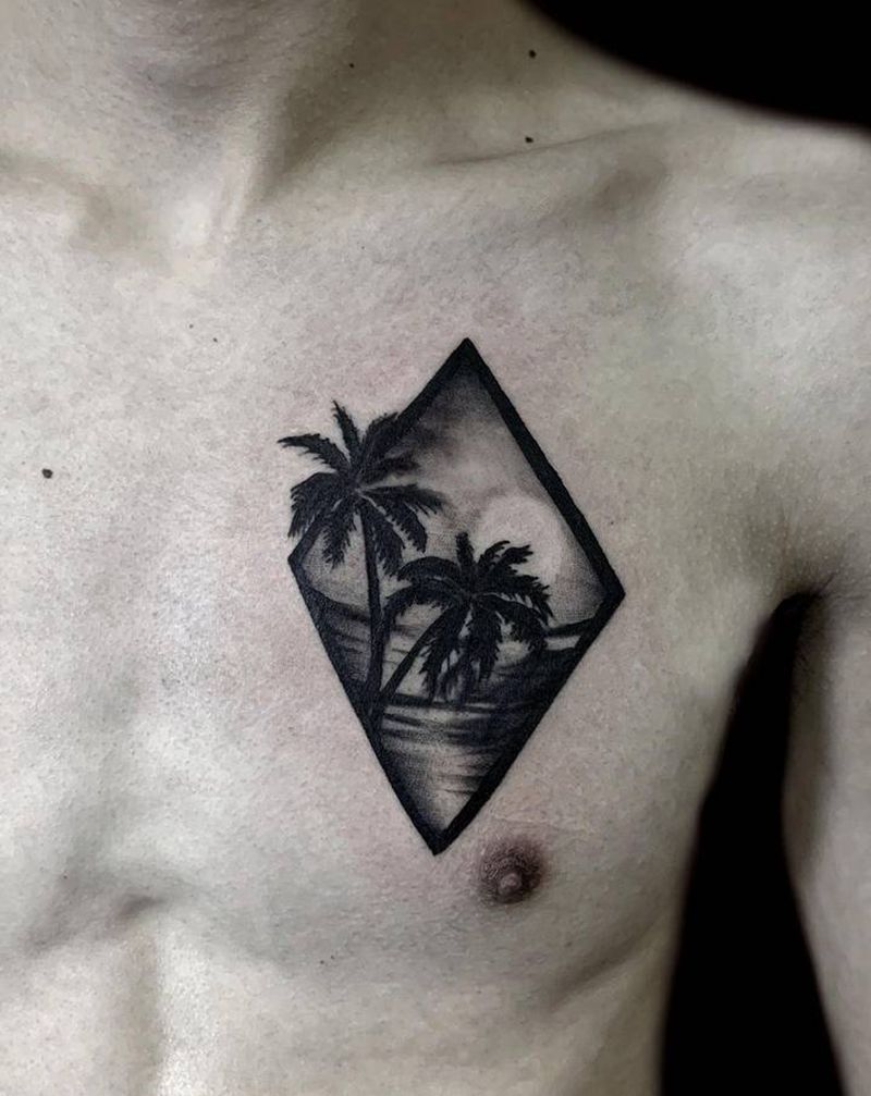 遮盖椰子树纹身图片_胸部欧美写实几何椰子树纹身图案