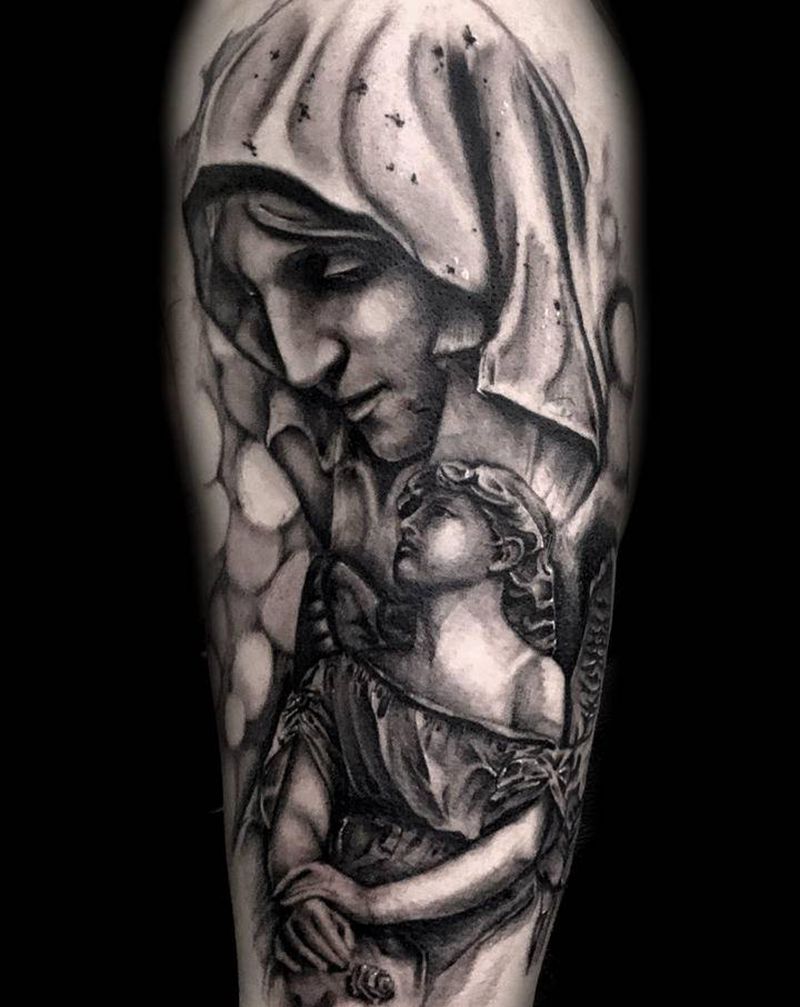 圣母+天使纹身图片_手臂欧美写实圣母天使纹身图案