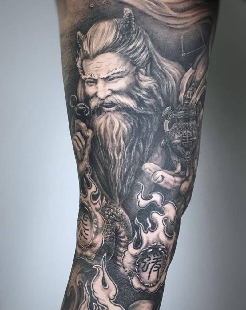 三圣图纹身图片_腿部欧美写实新传统纹身图案