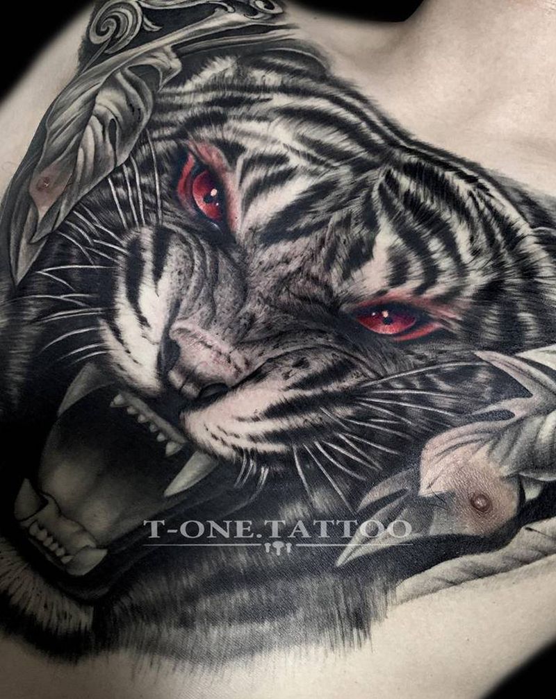 T-one纹身图片_胸部背部欧美写实暗黑原创虎头纹身图案