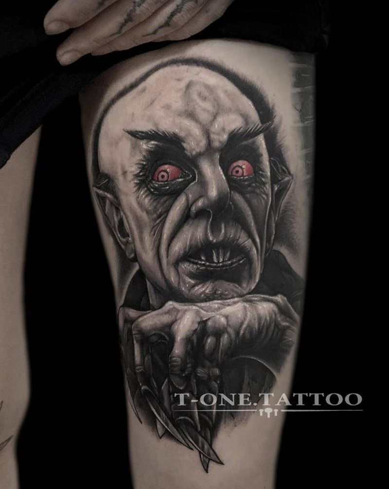 T-one纹身图片_腿部手臂欧美写实暗黑原创德古拉纹身图案