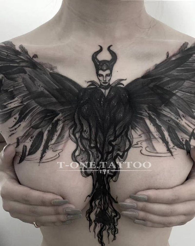 T-one纹身图片_胸部欧美写实暗黑原创花胸纹身图案