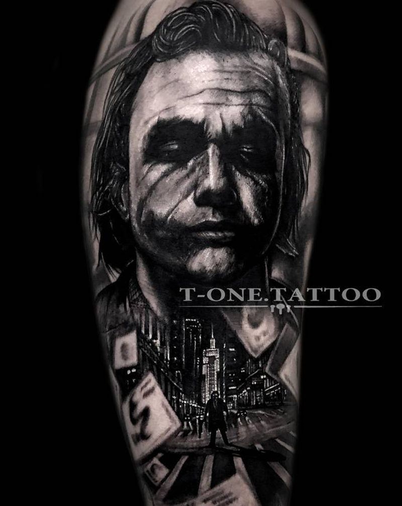 T-one纹身图片_手臂腿部欧美写实暗黑原创小丑纹身图案