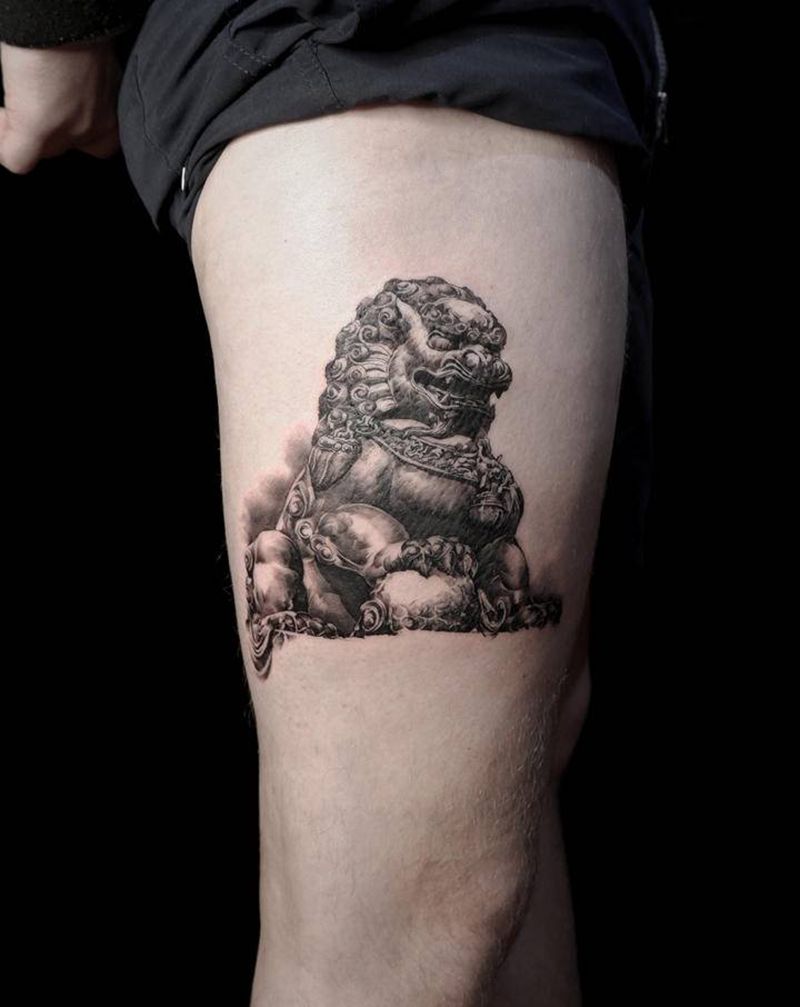 中国醒狮纹身图片_脚部腿部欧美写实点刺狮子中国风中国雕塑纹身图案