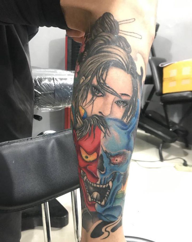 般若艺妓纹身图片_腿部老传统纹身图案