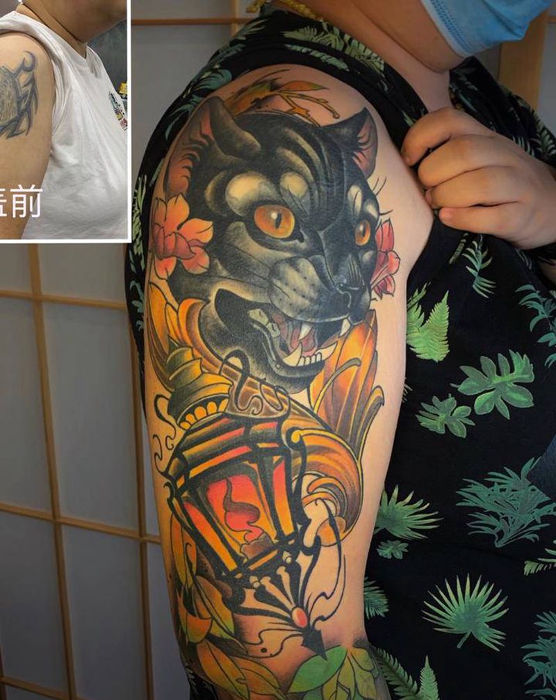 增生失败纹身遮盖纹身图片_手臂New School遮盖猫灯纹身图案
