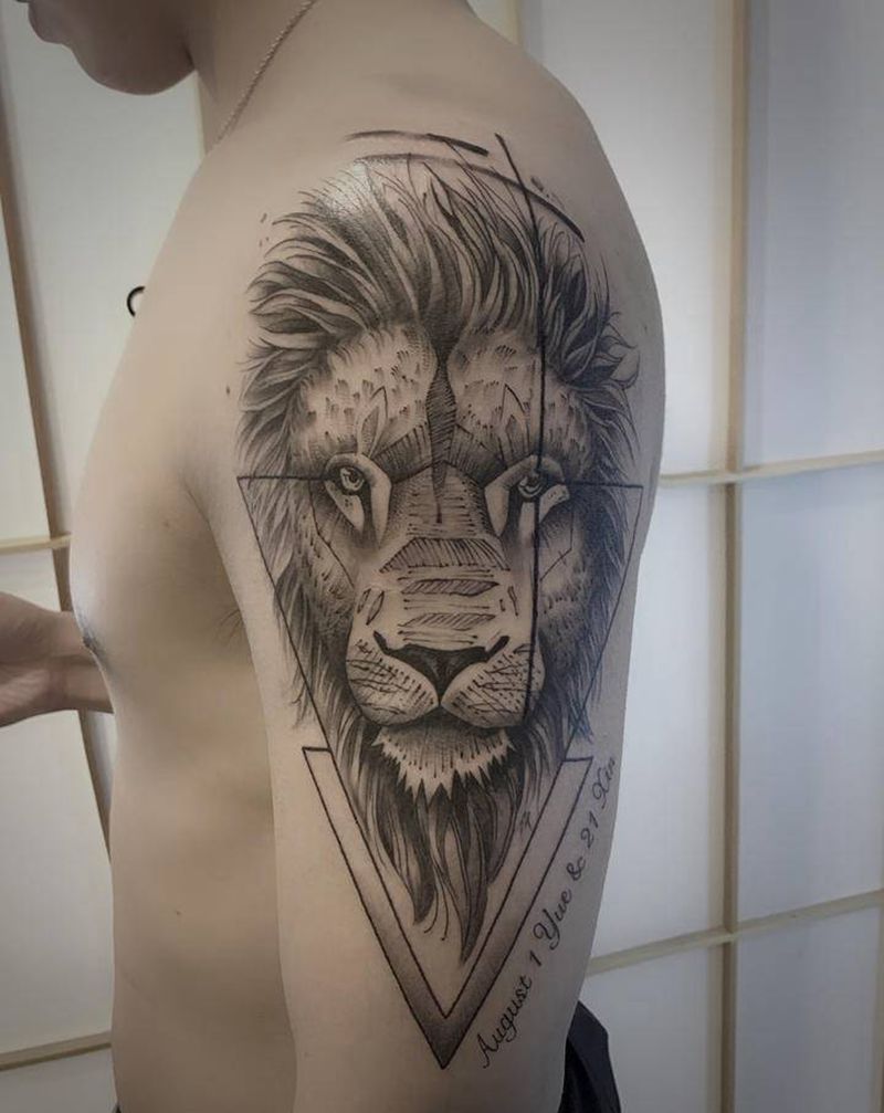 狮子纹身图片_手臂几何线条狮子日期纹身图案