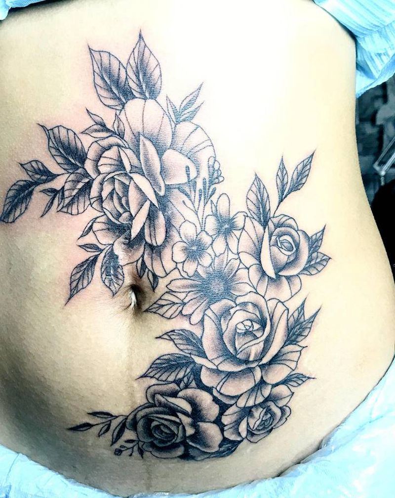 素花纹身图片_腹部素花纹身图案