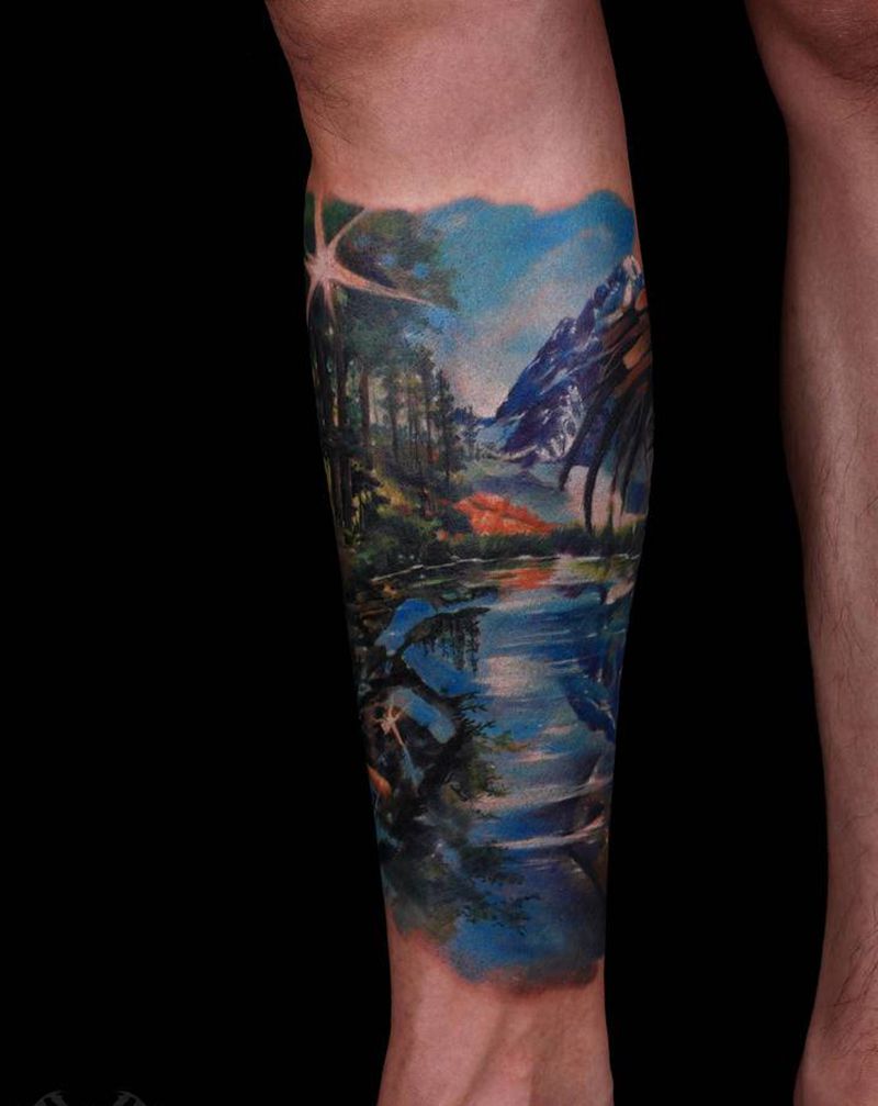 风景纹身图片_腿部欧美写实纹身图案