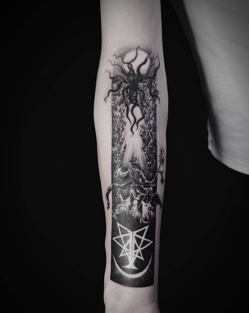 诸神黄昏纹身图片_手臂欧美写实摇滚乐队神话纹身图案