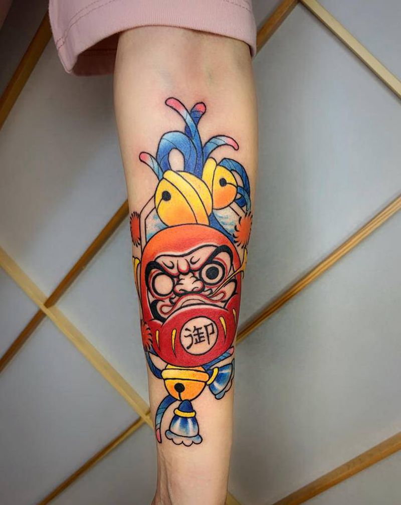 达摩蛋儿纹身图片_手臂新传统达摩小传统可爱纹身图案