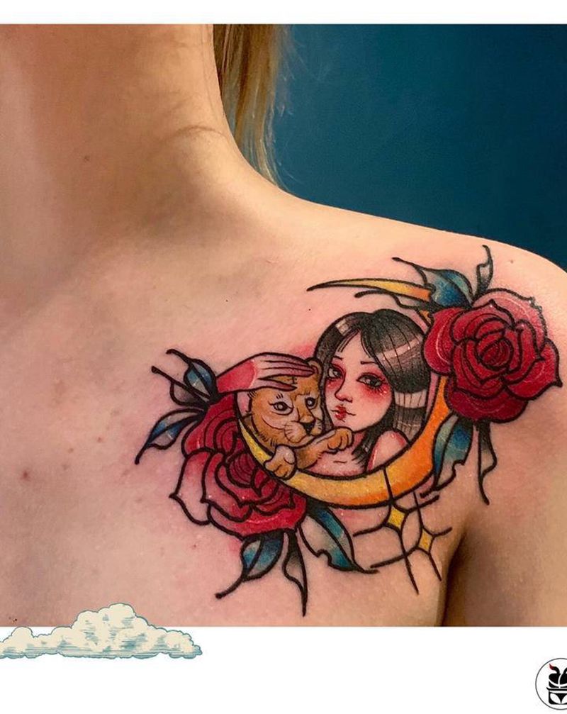 原创纹身图片_Old School人物锁骨纹身图案