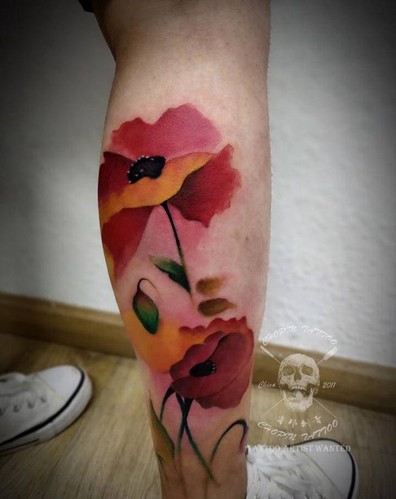 水彩修饰遮盖纹身图片_腿部水彩纹身图案