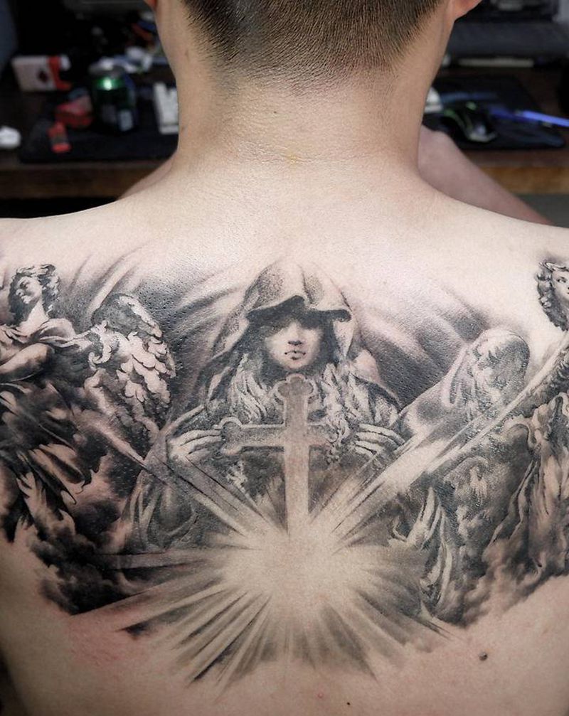 天使圣母纹身图片_肩部背部欧美写实神话圣经雕塑纹身图案